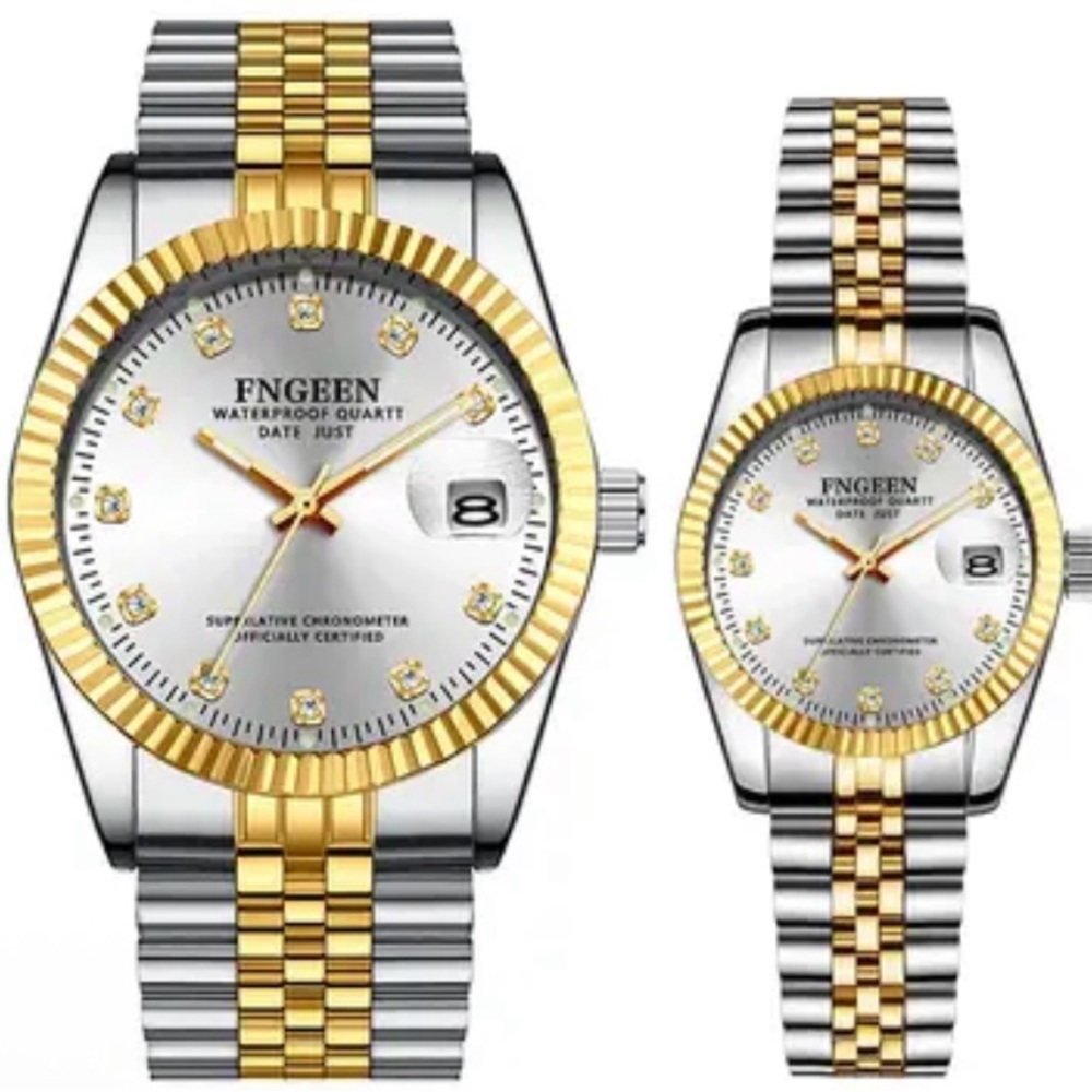 NWOT NIB FNGEEN His & Her Two Toned Stainless Steel Gold & Silver Quartz Watches